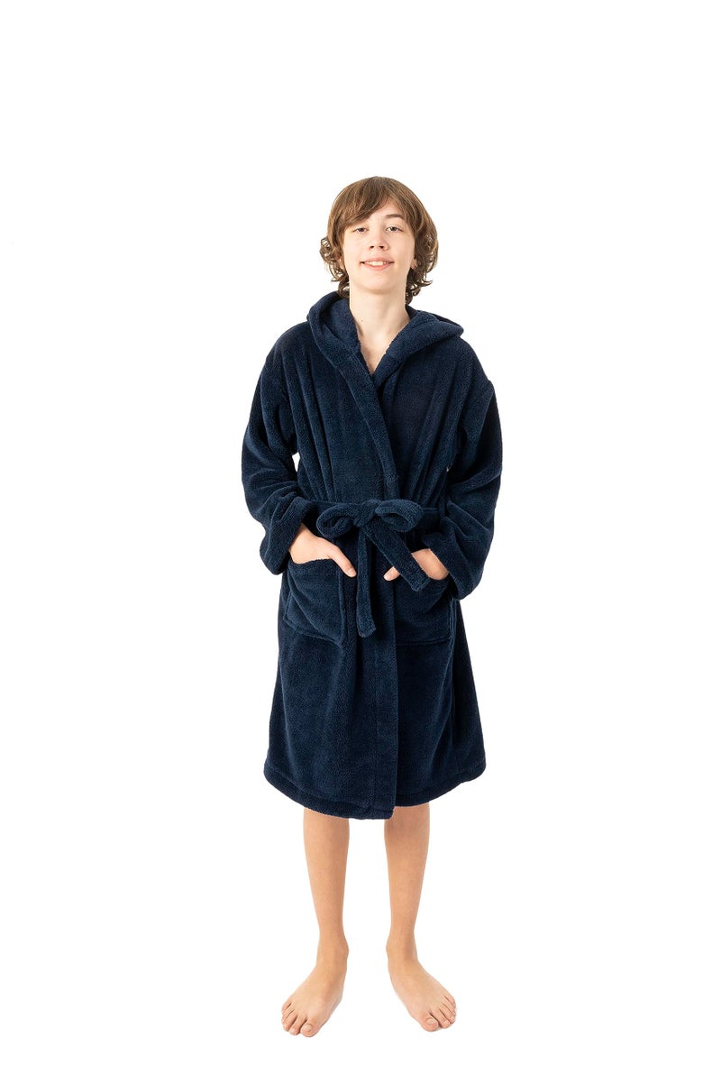 BC BARE COTTON Kids Microfiber Fleece Hooded Robe - Boys - Navy Blue - Large - Image 1
